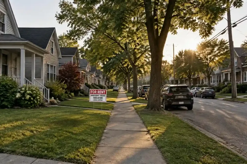 A For Rent sign on the lawn of a tree-lined residential street at sunset