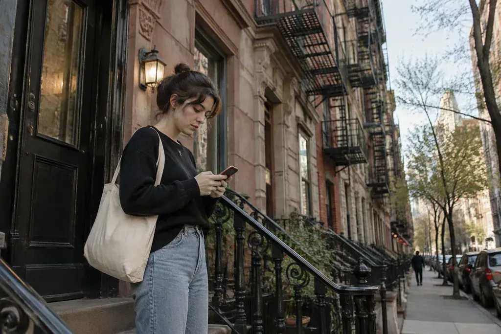A renter checking her phone on a New York brownstone stoop
