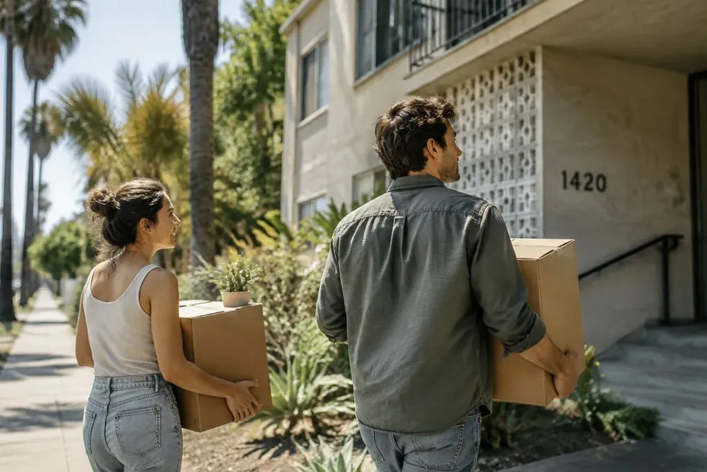 Two renters carrying moving boxes up the walk to their new apartment building
